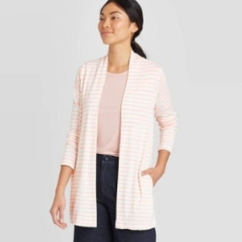 A New Day Pink & White Stripe Open Front Cardigan Sweater S